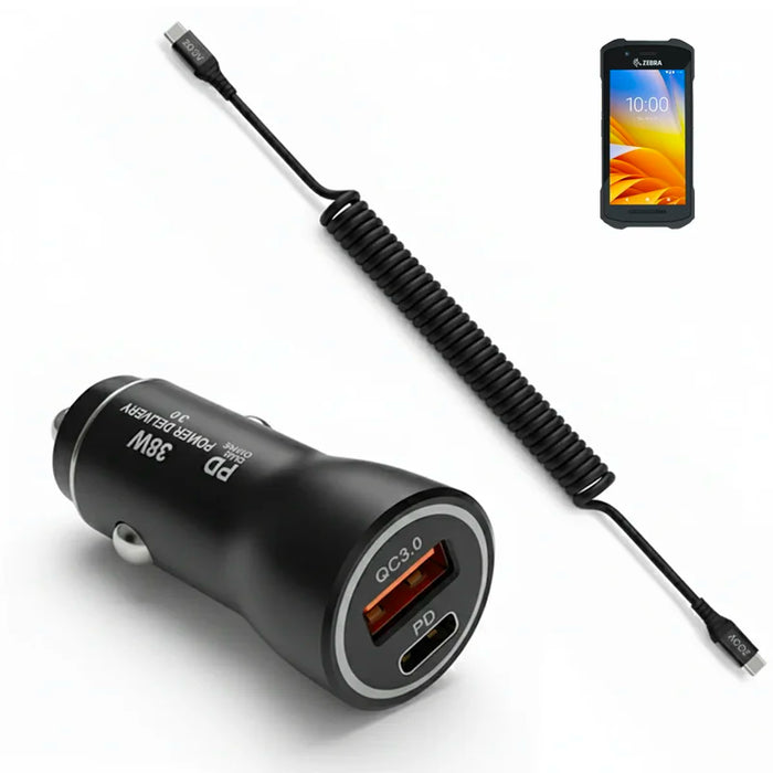 38W Fast Car Charger and USB-C Coiled Cable for Zebra Scanners