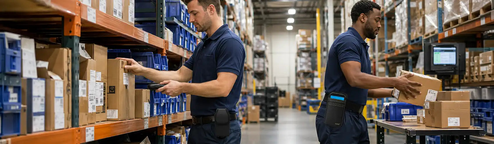 Warehouse employees using a belt-clip case and waist-belt holster to carry mobile computers during inventory and order-handling tasks.