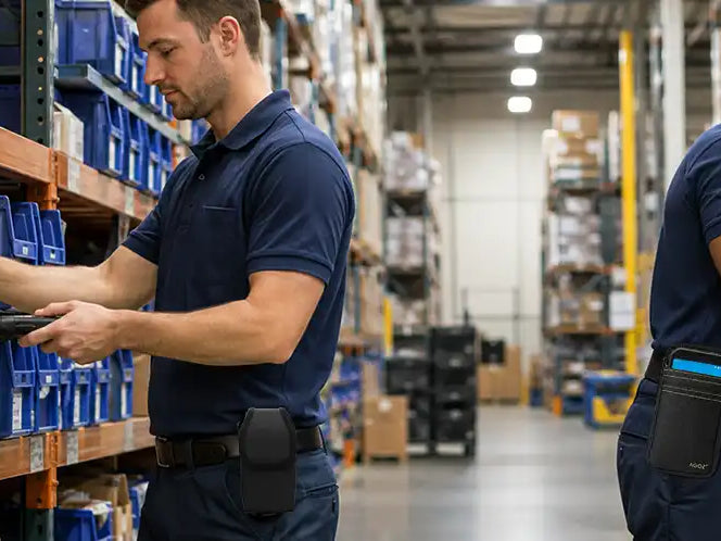 Warehouse employees using a belt-clip case and waist-belt holster to carry mobile computers during inventory and order-handling tasks.
