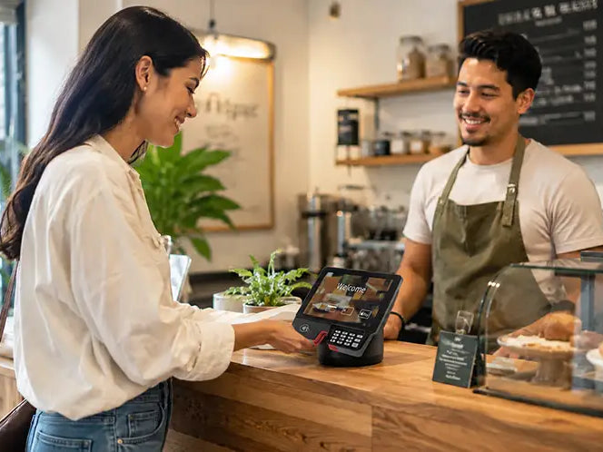 Customer tapping payment at a cafe counter using a PAX Aries terminal while a barista completes the checkout.