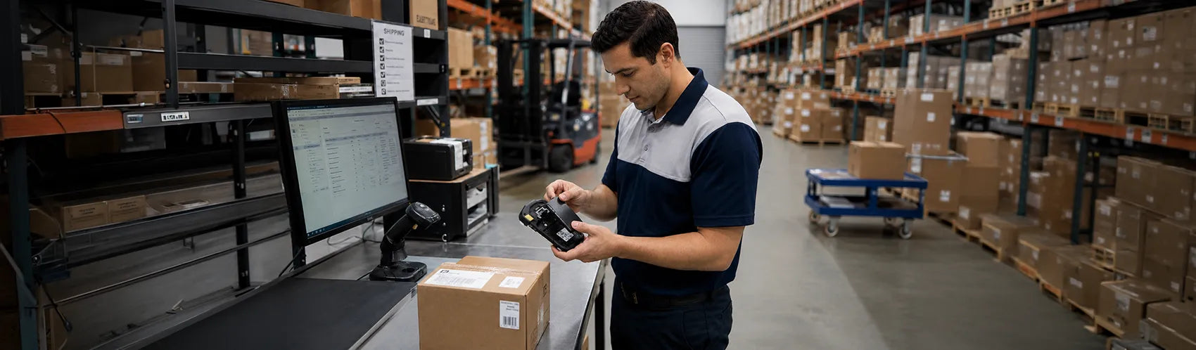 Warehouse employee replacing the battery in a Zebra TC77 mobile scanner at a shipping workstation with boxes, scanner equipment, and warehouse shelving in the background.