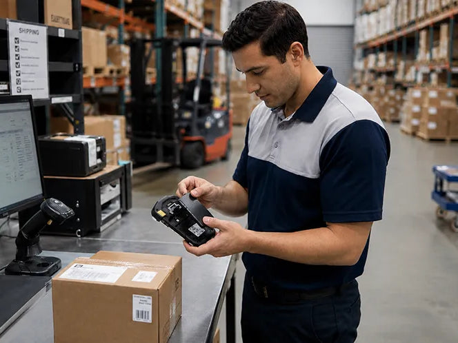 Warehouse employee replacing the battery in a Zebra TC77 mobile scanner at a shipping workstation with boxes, scanner equipment, and warehouse shelving in the background.