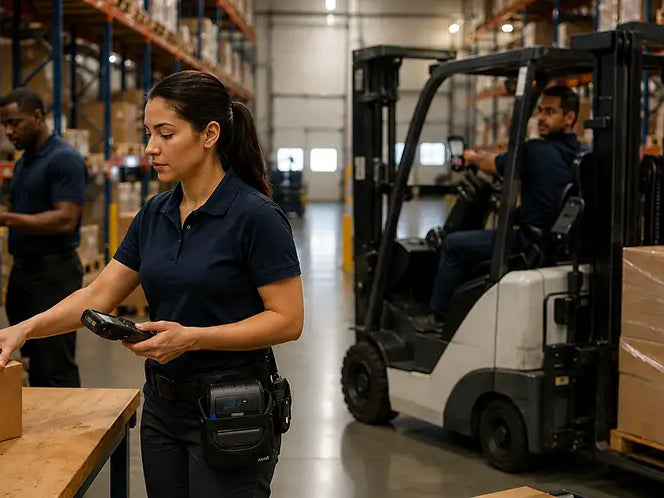 Warehouse team scanning inventory, printing labels, and moving goods as part of a connected fulfillment workflow.