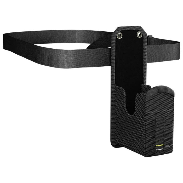 Agoz waist belt holster for Keyence scan guns shown attached to an adjustable belt with an open-top pouch and reinforced back panel.