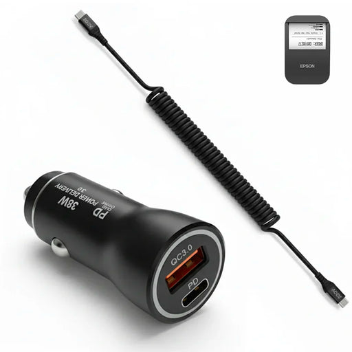 38W Fast Car Charger & USB-C Coiled Cable for Epson Mobilink TM-P20II Mobile Printer