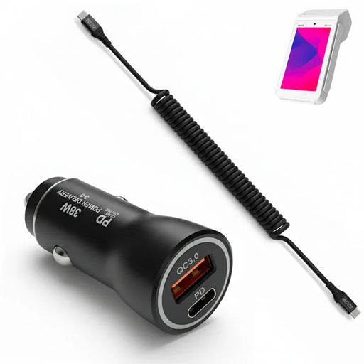 38W Fast Car Charger and USB-C Coiled Cable for PAX A8500 POS