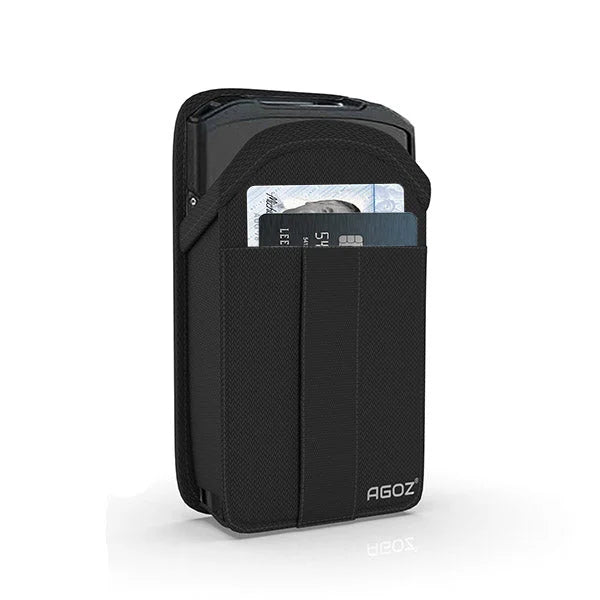 Angled view of the Agoz Sonim case holding a rugged mobile device with identification cards in the front pocket.