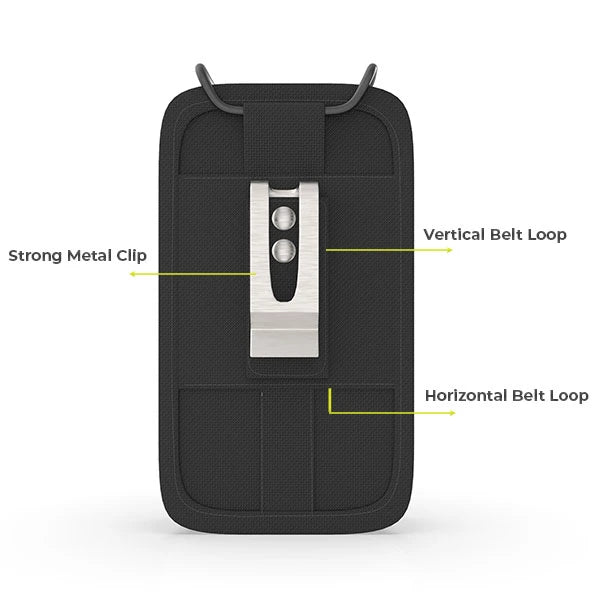 Back view of AgozTech Rugged Icom Radio Holster with strong metal clip, vertical belt loop, and horizontal belt loop