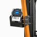 AgozTech metal forklift holder mount attached to an orange forklift upright with SATO mobile printer installed.