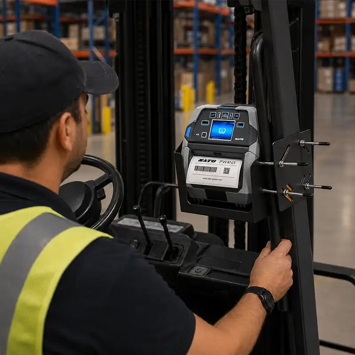Forklift operator using a mounted SATO mobile printer secured in an AgozTech metal holder for warehouse labeling.