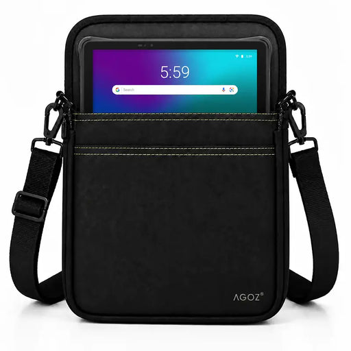 Orderman Pulse HT10 tablet inside black Agoz crossbody carrying case with adjustable shoulder sling, reinforced stitching, and front storage pocket.