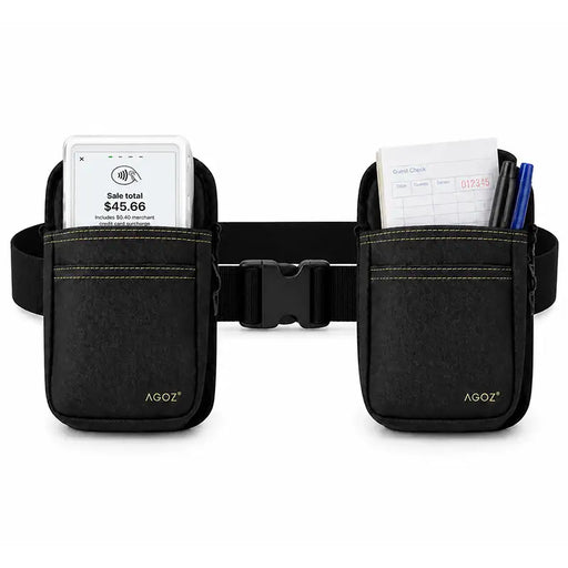 Black Agoz double pouch waist belt holster holding a white Clover Flex POS terminal, guest check pad, and pens, with an adjustable buckle.