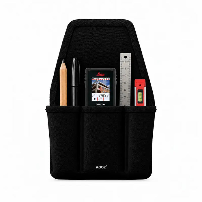 Front view of black Agoz utility tool pouch with multiple storage pockets holding a Leica DISTO X4 laser distance meter, pencil, pen, ruler, and mini level.