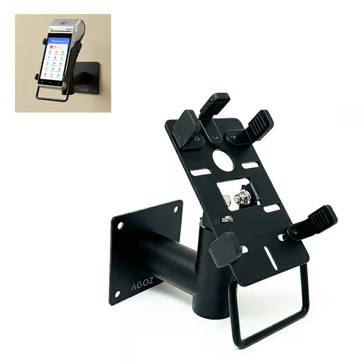 AgozTech heavy-duty metal wall mount for Newland POS terminals with adjustable mounting brackets and Newland POS installed in inset image.