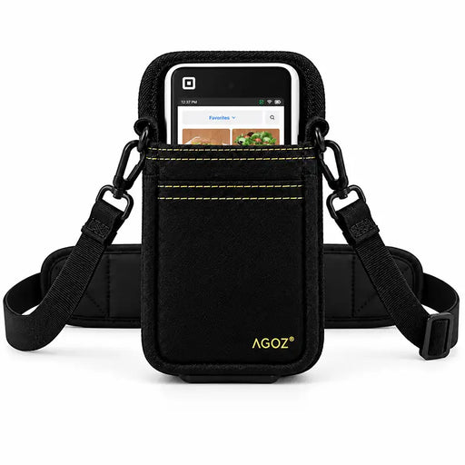 Agoz black Square POS terminal holster with adjustable crossbody shoulder sling, padded strap, metal clips, and yellow stitching on white background.