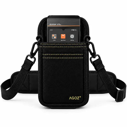 Agoz black Sunmi V3e POS terminal case with adjustable crossbody sling, padded shoulder support, metal clips, and front storage pocket.