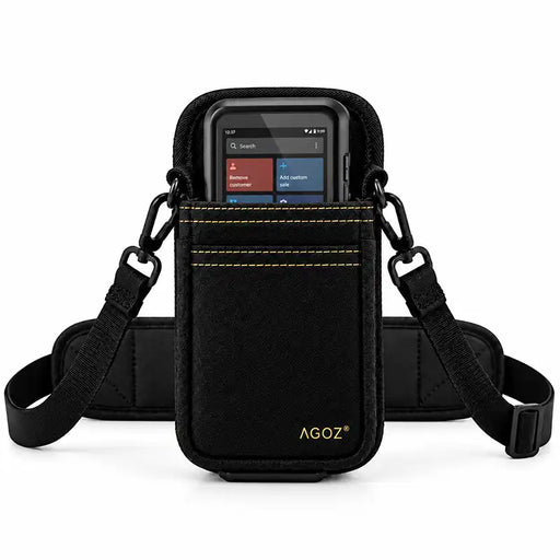 Black AGOZ Shopify POS Go terminal holster with adjustable crossbody shoulder sling, padded strap, and front storage pocket.