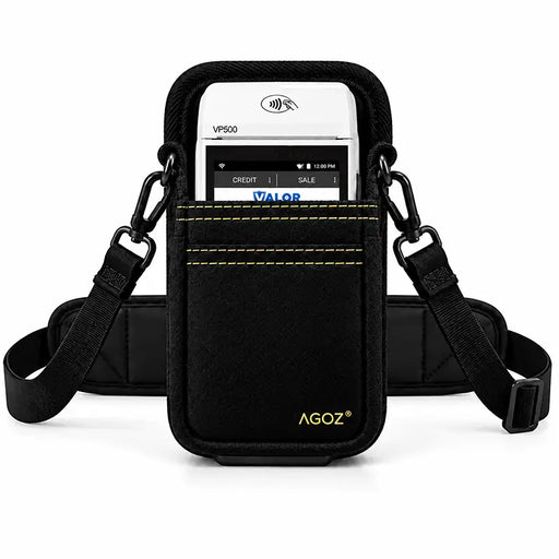 Black Agoz Valor POS terminal holster with adjustable crossbody shoulder sling, padded strap, front accessory pocket, and secure carrying pouch.