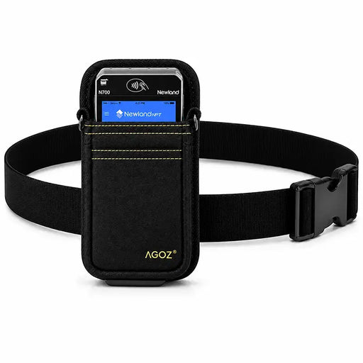 Black Agoz Newland POS terminal holster with adjustable nylon waist belt, quick-release buckle, and front accessory pocket.