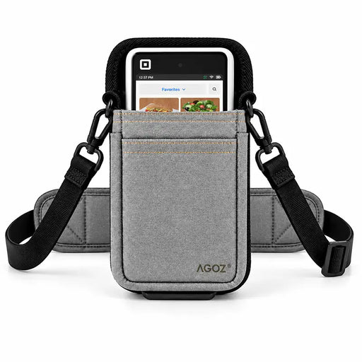 Agoz gray Square POS terminal holster with black adjustable crossbody shoulder sling, padded strap, metal clips, and front storage pocket.
