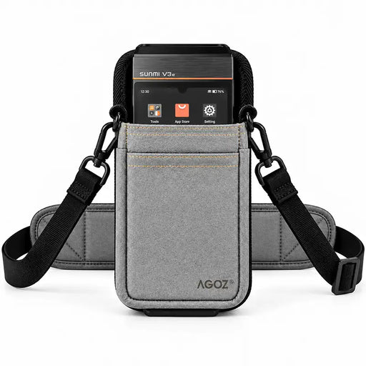 Agoz gray Sunmi V3e POS terminal holster with adjustable black crossbody shoulder strap, reinforced stitching, and front accessory pocket.