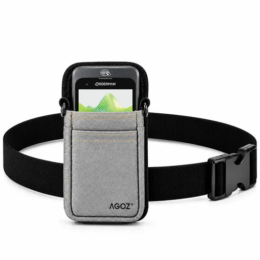 Gray Agoz Orderman POS holster with adjustable black waist belt, secure buckle closure, and front accessory pocket holding an Orderman terminal.