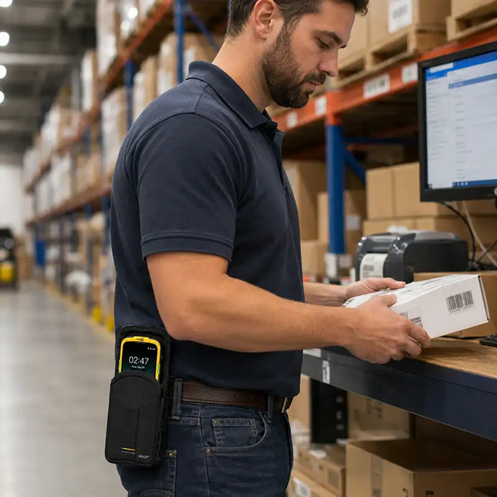 Warehouse employee wearing an Agoz holster with a CipherLab scanner while processing a shipment