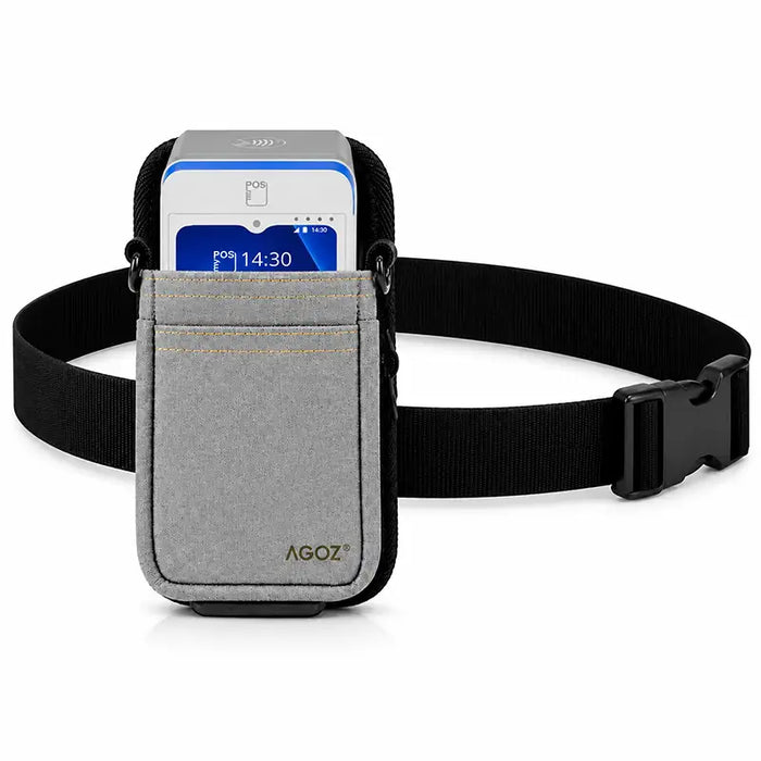 Agoz gray myPOS terminal holster with adjustable black waist belt, quick-release buckle, and front accessory pocket.