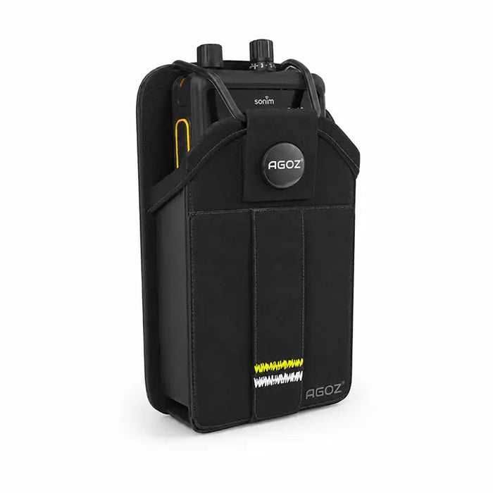 Angled view of the black Agoz Sonim communication terminal case with snap closure and rugged device secured inside.
