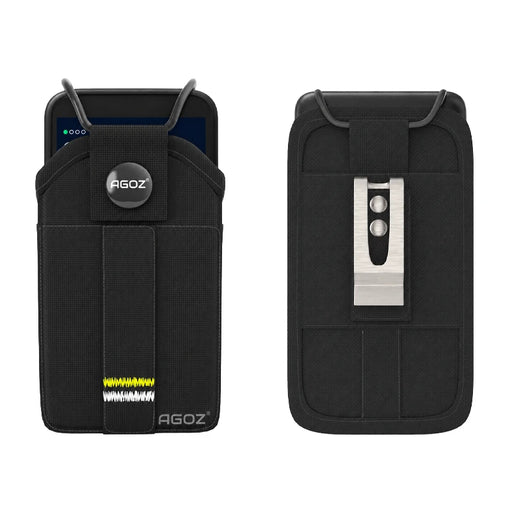 Agoz rugged Adyen AMS1 POS holster shown from front and rear, featuring a secure snap closure, reinforced black fabric, metal belt clip, and belt loops.