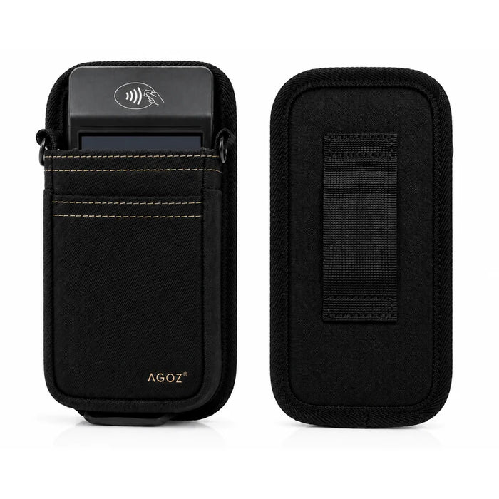 Black textured Adyen POS handheld pouch shown from two angles: one front view with a card slot containing a black card and gold AGOZ branding
