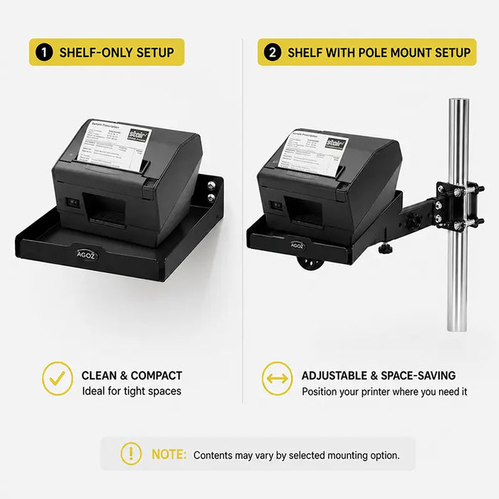 Comparison graphic showing shelf-only setup and shelf with pole mount setup for the Star Micronics printer tray mount by Agoz.
