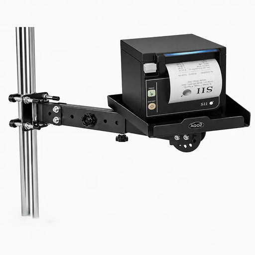 Seiko SII printer secured on an Agoz adjustable pole-mount shelf for facility service and administrative labeling stations.