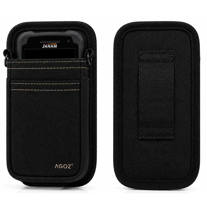 Black AGOZ shoulder sling holster with Janam handheld computer secured in front pouch and rear belt loop view.