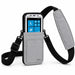 Gray Panasonic Toughbook shoulder sling holster with device secured in front pouch and padded crossbody strap on white background.