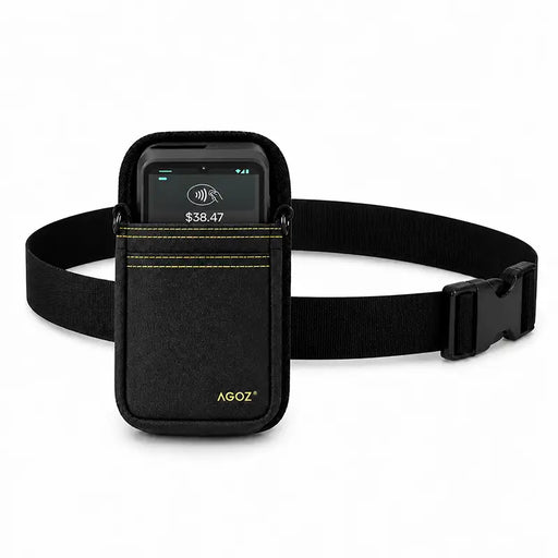 Black Agoz Verifone POS terminal holster with adjustable waist belt, quick-release buckle, yellow stitching, and front storage pocket.