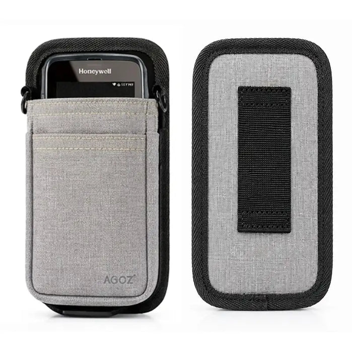 Gray Honeywell shoulder sling holster with Honeywell handheld computer secured in front pouch and rear belt loop view.