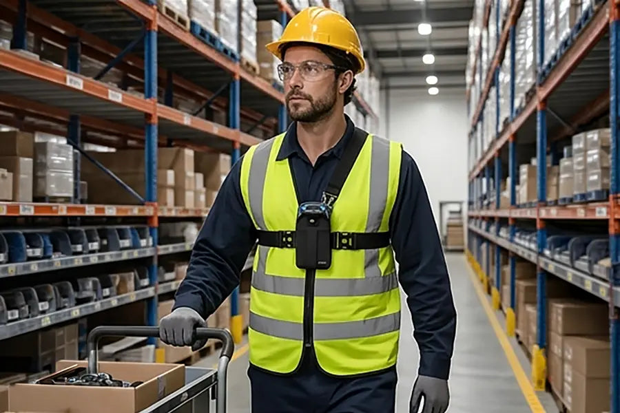 Warehouse worker wearing a scanner chest harness holster for Bluebird Handheld while pushing a cart through a warehouse aisle with pallet racks.