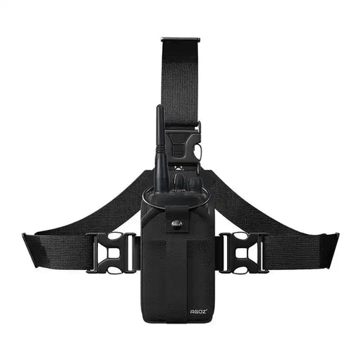 Chest harness pouch for Coba two-way radio with front-facing radio holder and adjustable black straps