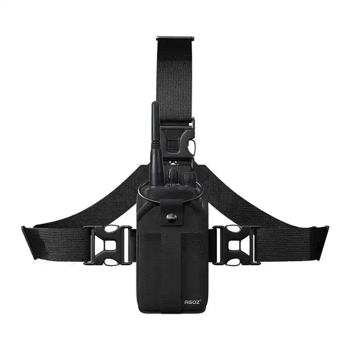 Chest harness pouch for Coba two-way radio with front-facing radio holder and adjustable black straps