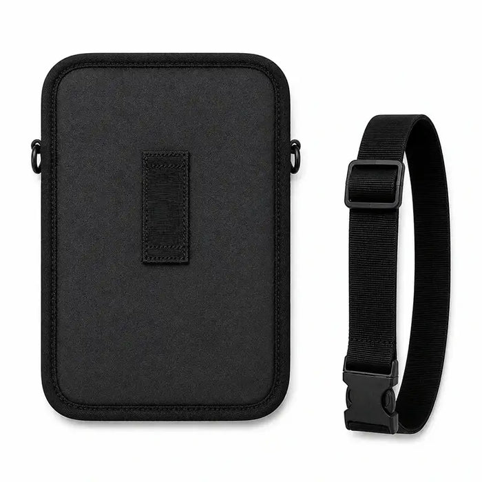Rear view of the black AgozTech tablet case with belt loop, D-rings, and adjustable waist belt.