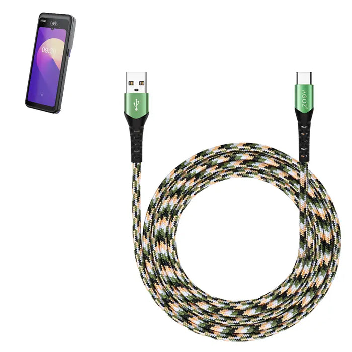 Agoz camouflage braided USB-A to USB-C fast charging cable with green metal connectors for iMin mobile POS terminals.