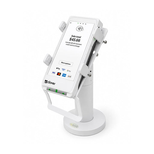 White Agoz adjustable metal POS stand holding a Clover Flex payment terminal, featuring four secure corner clamps, a tilted mounting plate, and a round countertop base.