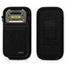 Black Cognex barcode reader holster front and back views showing Cognex device fit, front pouch, and rear belt clip.