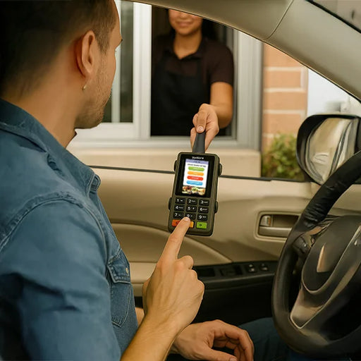 Customer using Square Mobile POS in AgozTech drive-thru handheld mount at drive-thru window