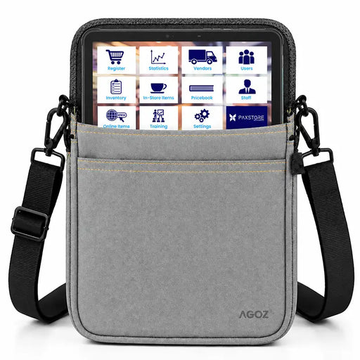 Gray Agoz PAX POS tablet carrying case with adjustable crossbody sling, reinforced stitching, and front storage pocket.