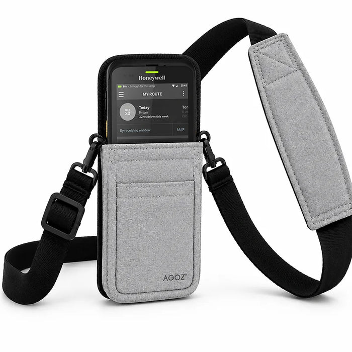 Gray Honeywell shoulder sling holster with Honeywell handheld computer seated in pouch and padded crossbody strap.