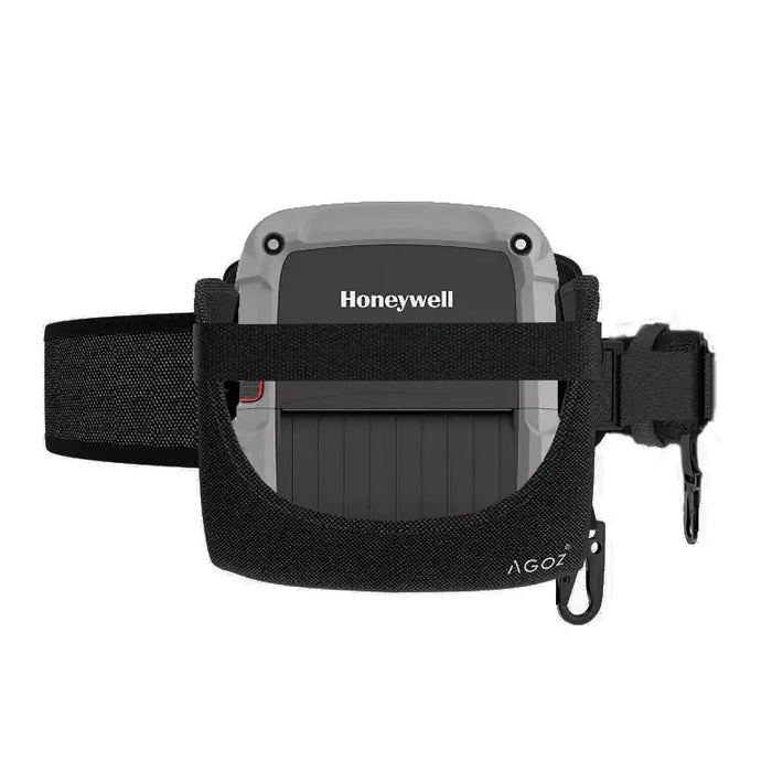 Honeywell RP4f mobile printer in AGOZ waist belt holder, front view