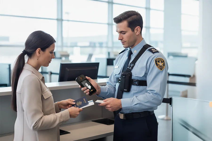 Security worker wearing an AgozTech chest harness pouch for Guardian RFID Spartan 3 while checking an ID at a service counter
