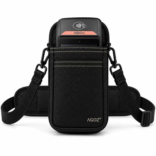 Ingenico POS payment terminal secured in a black Agoz holster with adjustable carrying strap and padded shoulder support.